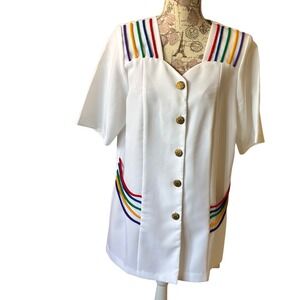 Vintage 80's Stranger Things rainbow embroidered ribbon Tunic Top Shirt